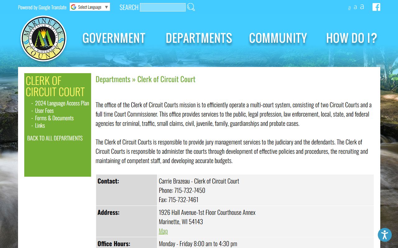 Marinette County Clerk of Circuit Court page for court record access