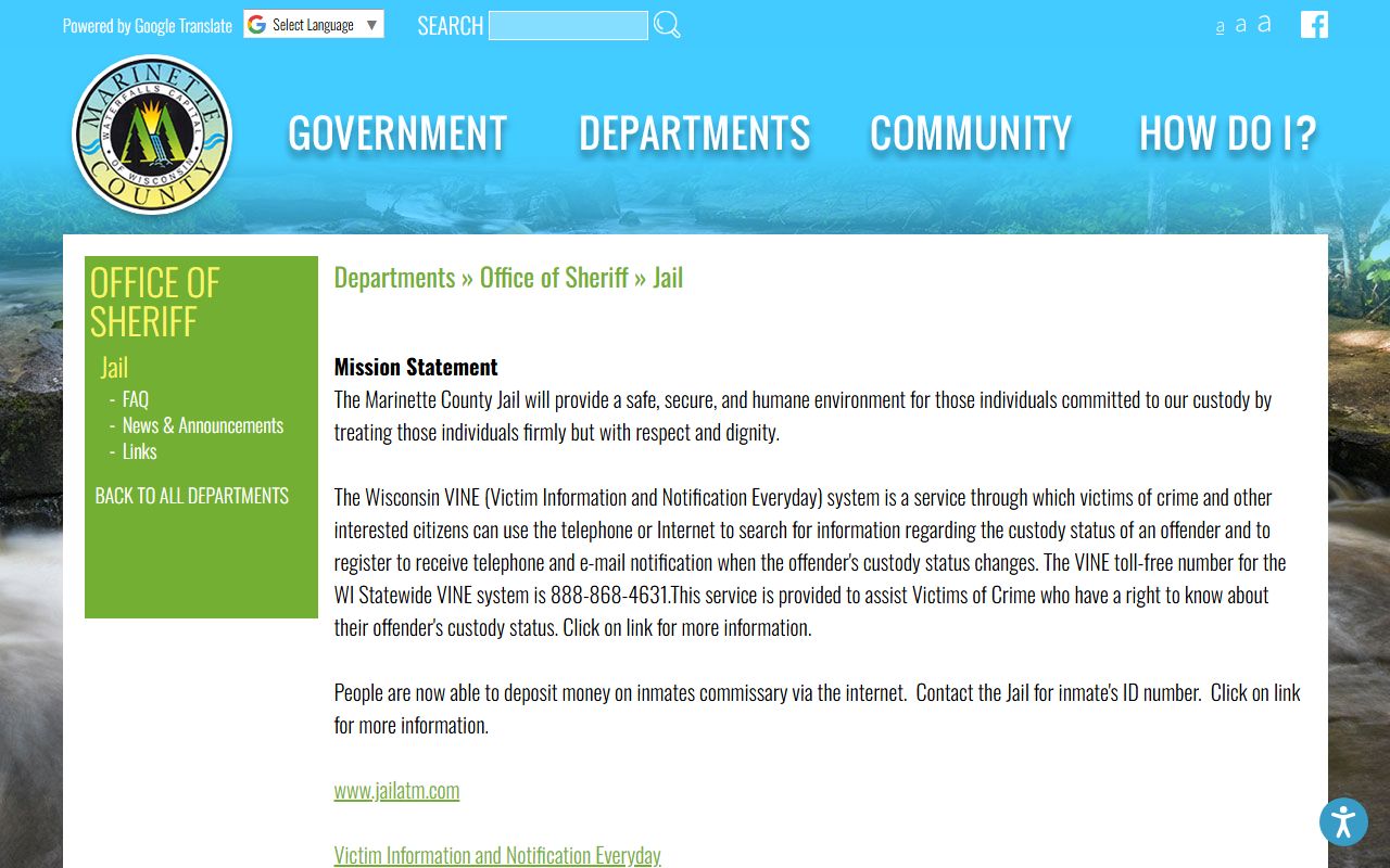 Official Marinette County Jail page with jail address, phone, and VINE inmate-search direction