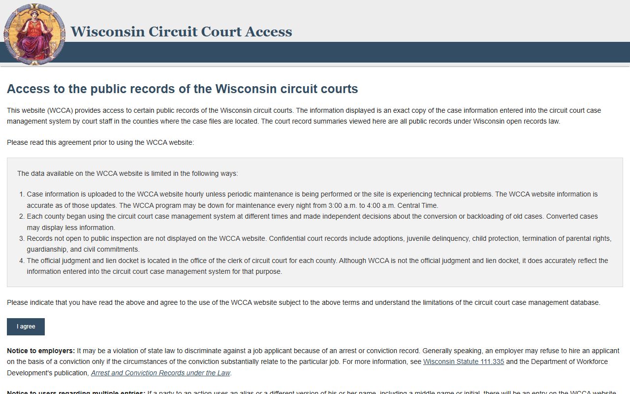 Wisconsin Circuit Court Access search portal for Marinette County court records