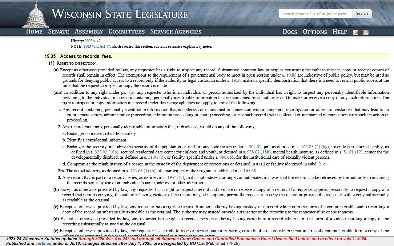 Wisconsin public records access statute for booking photo requests